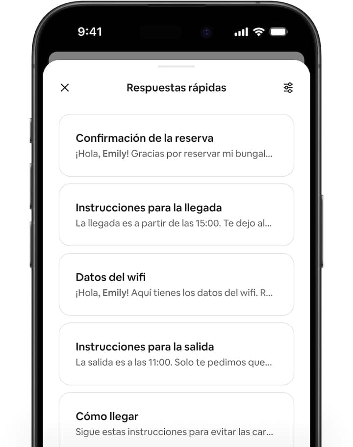 Varias pantallas de Airbnb muestran una conversación entre un anfitrión y un huésped y las novedades en las plantillas de respuesta rápida.