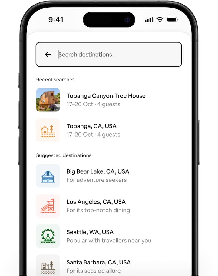 Airbnb screens showing the redesigned search experience and new suggested destinations, plus a map featuring a timely search tip and nearby points of interest.