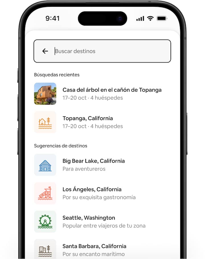 Las pantallas de Airbnb muestran el nuevo diseño de la búsqueda y las nuevas sugerencias de destinos, así como un mapa con consejos de búsqueda y lugares de interés cercanos.