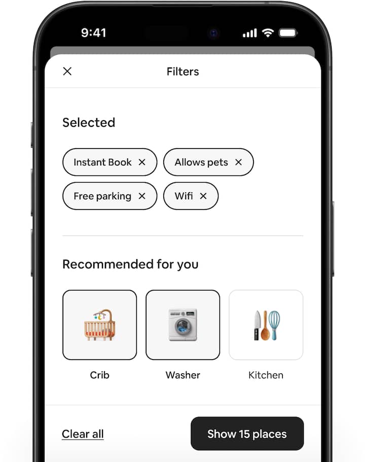 หน้าจอ Airbnb แสดงตัวกรองเอ็กซ์พีเรียนซ์โฉมใหม่และตัวกรองใหม่ๆ ที่แนะนำ