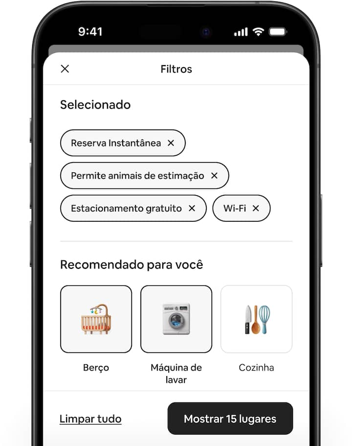 As telas do Airbnb mostram a experiência de filtro renovada e os novos filtros recomendados.