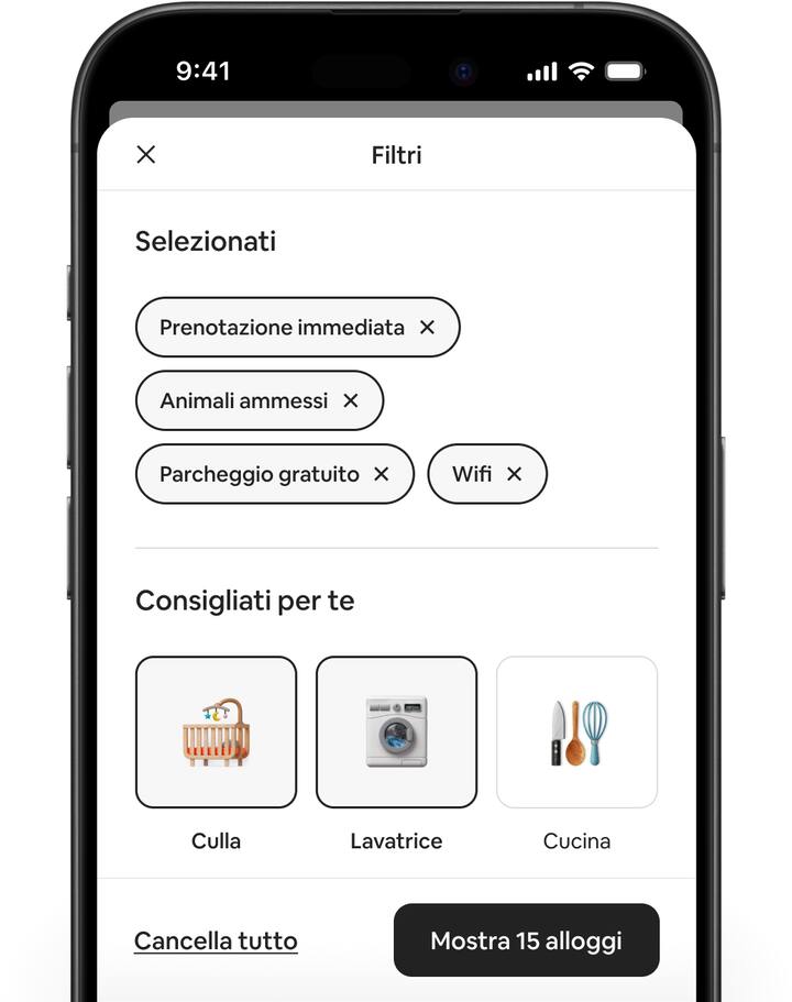 Schermate di Airbnb che mostrano l'interfaccia dei filtri rinnovata e i nuovi filtri consigliati.