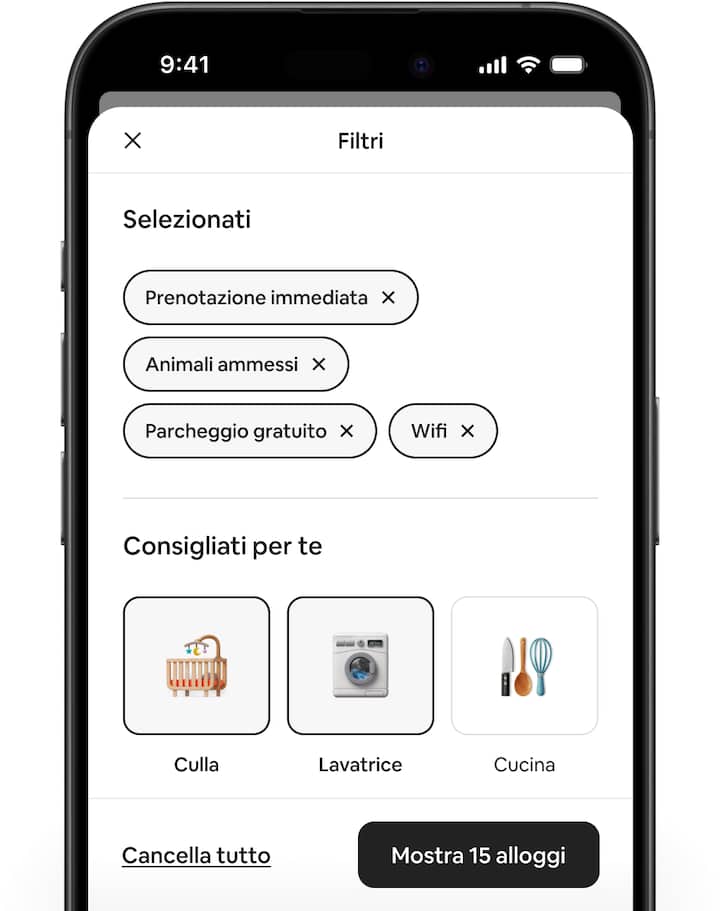 Schermate di Airbnb che mostrano l'interfaccia dei filtri rinnovata e i nuovi filtri consigliati.