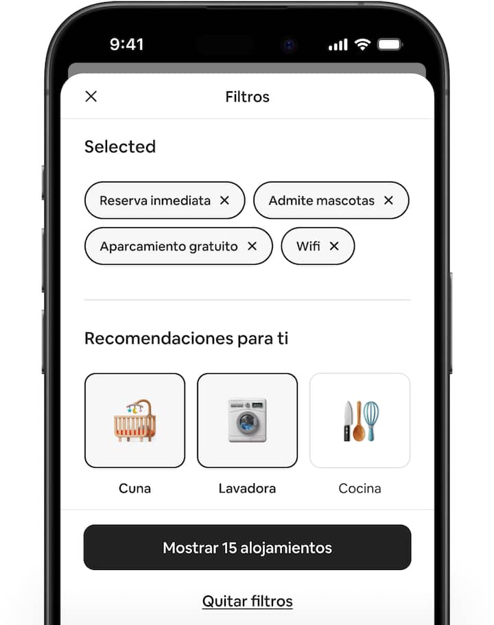 Varias pantallas de Airbnb muestran las novedades en los filtros, junto con la nueva opción de filtros recomendados.