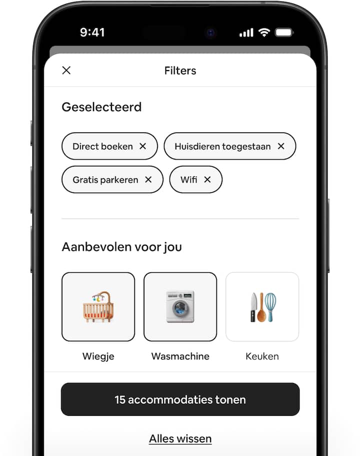 Airbnb-schermen met het verbeterde gedeelte met filters, waaronder nieuwe aanbevolen filters.
