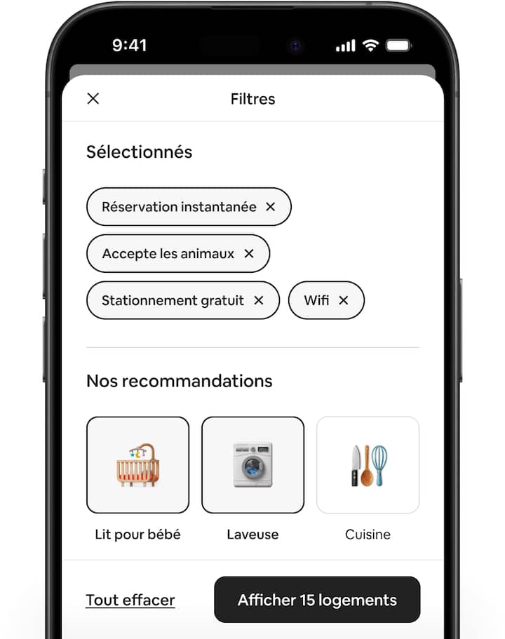 Des écrans Airbnb montrent l'expérience de filtrage repensée et les nouveaux filtres recommandés.