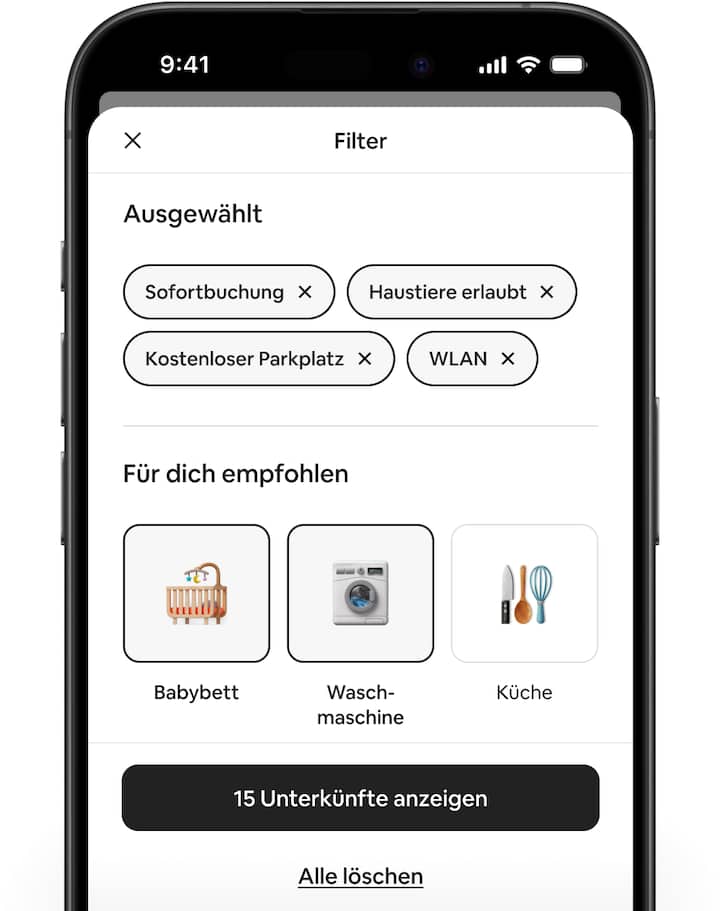 Bildschirme, auf denen die Airbnb-App geöffnet ist, zeigen die überarbeitete Filterfunktion und neue empfohlene Filter.