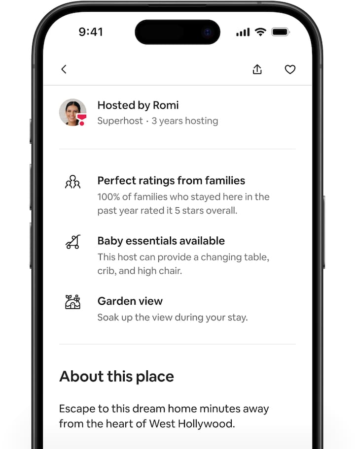 Airbnb स्क्रीन पर एक लिस्टिंग पेज दिखाया गया है, फिर नीचे स्क्रोल करके उपयोगकर्ता के लिए खासतौर पर तैयार किए गए हाइलाइट दिखाए गए हैं।