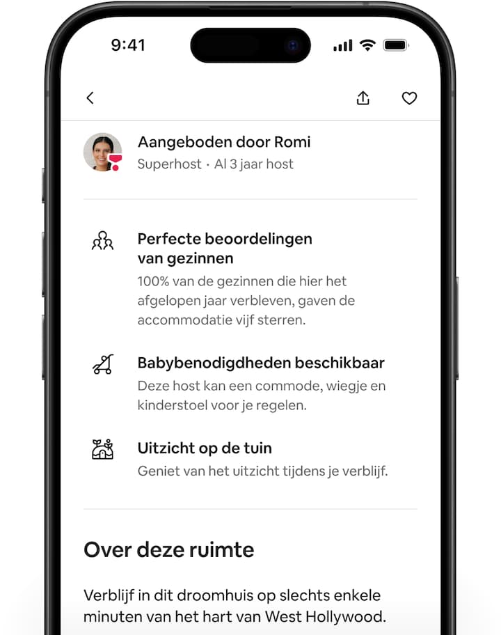 Airbnb-schermen met een advertentiepagina waarop naar de nieuwe blikvangers op maat gescrold wordt.