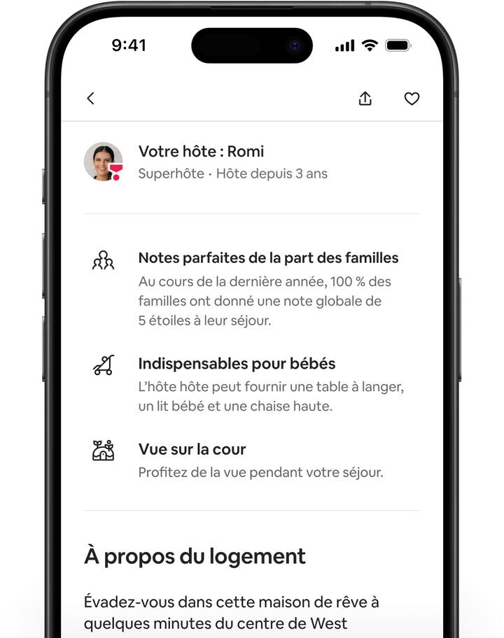 Des écrans Airbnb montrent une page d'annonce qui défile ensuite vers le bas pour montrer les nouveaux points forts personnalisés.
