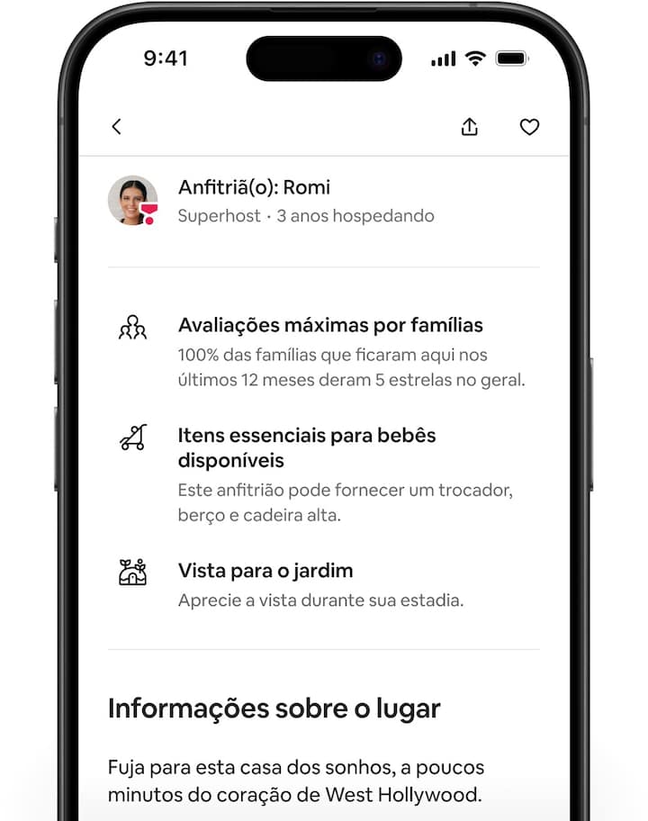 As telas do Airbnb mostram a página de um anúncio que, em seguida, rola para baixo para exibir os novos destaques personalizados.