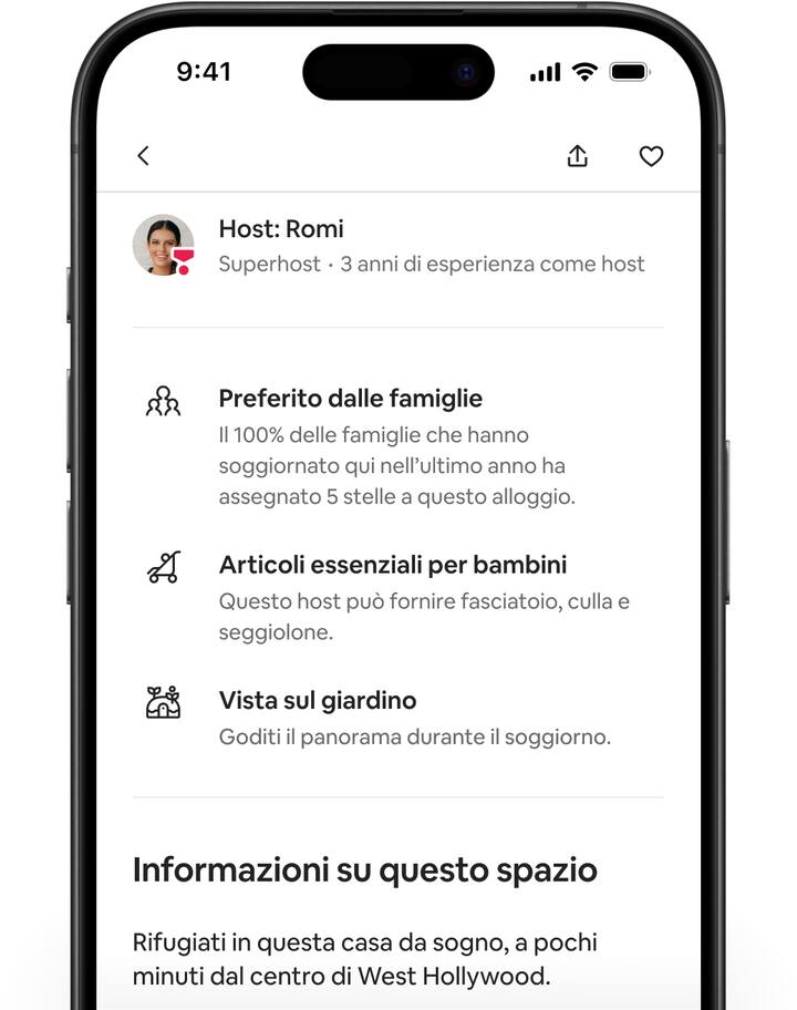 Schermate di Airbnb che mostrano la pagina di un annuncio, che viene fatta scorrere verso il basso per visualizzare i nuovi punti chiave personalizzati.