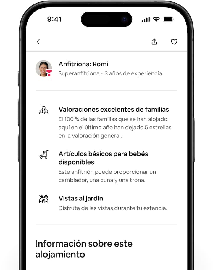 Varias pantallas de Airbnb muestran la página de un anuncio y, a continuación, se desplazan hacia abajo para que aparezcan los nuevos aspectos destacados personalizados.