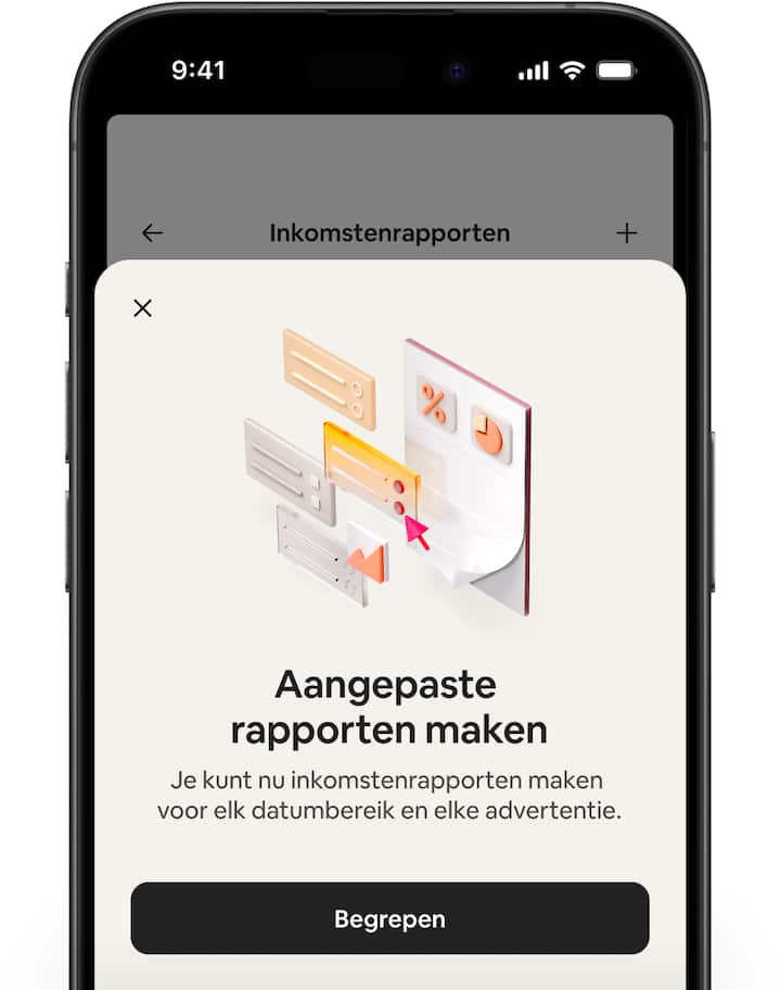Airbnb-schermen met het inkomstendashboard en de stappen om een aangepast rapport te maken.