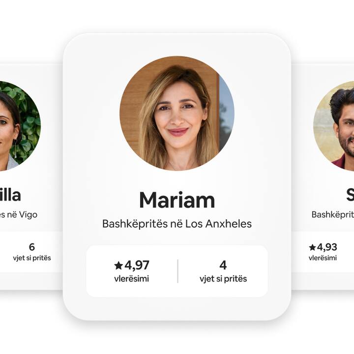 Një seri kartash profili të bashkëpritësit që përmbajnë fotografinë e secilit pritës, emrin, vendndodhjen, vlerësimin e vizitorëve dhe vitet e përvojës.