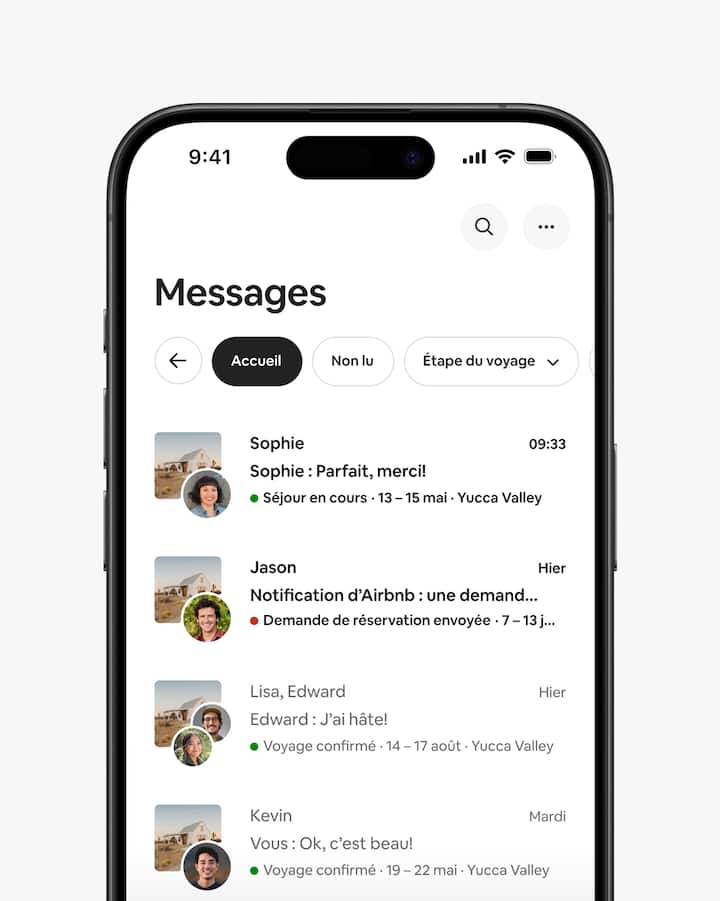 Une image de la boîte Messages d'un hôte avec uniquement les messages sur l'accueil de voyageurs sélectionnés.