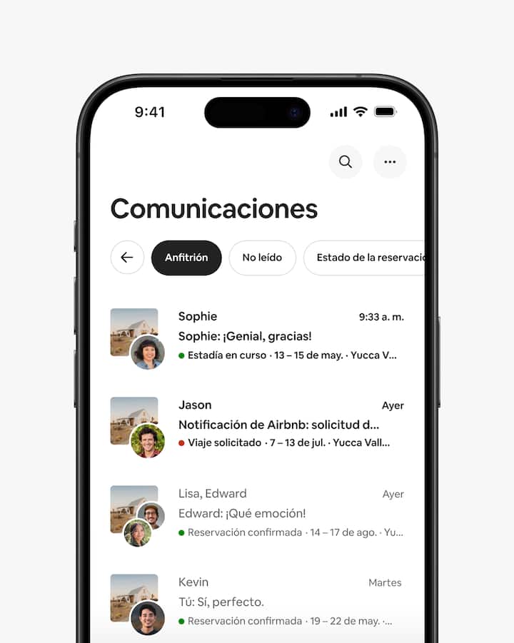 Una imagen de los mensajes de un anfitrión, mostrando solo comunicaciones como anfitrión seleccionado