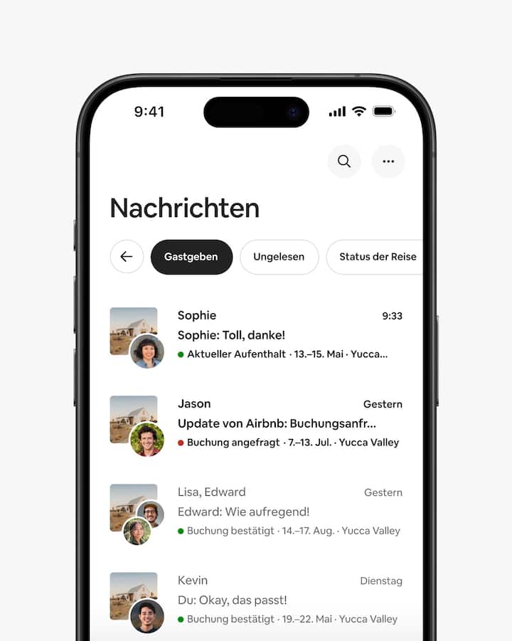 Ein Bild des Posteingangs eines Gastgebers bzw. einer Gastgeberin, in dem nur Nachrichten zum Thema „Gastgeben“ ausgewählt sind.