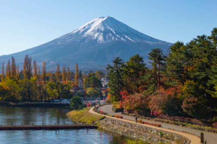 Image of Mt. Fuji surrounded by fall foliage.