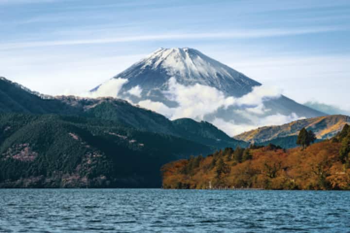 Image of a serene lake in front of Mt. Fuji.