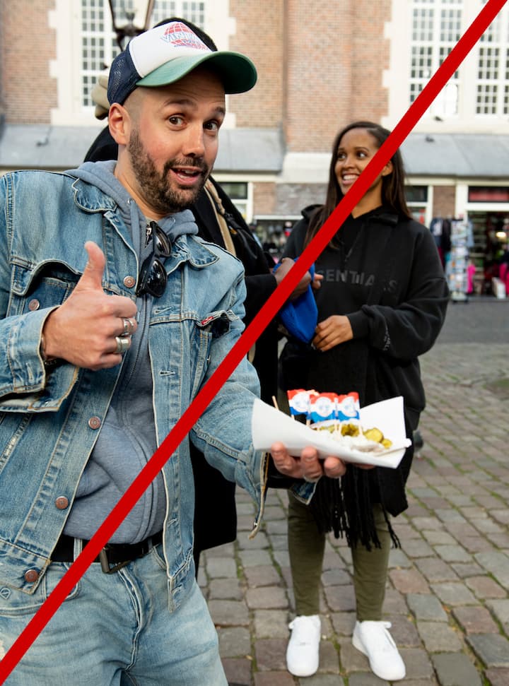 Denim-clad person with a thumbs-up gesture on the left, snack-holding individual on the right, separated by a red diagonal line.