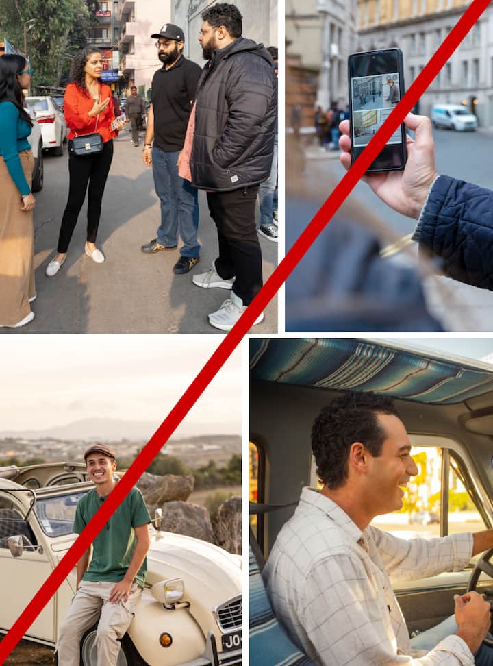 Collage of four photos with a red 'X' marking, showcasing reasons for experience photo rejections: people posing unnaturally, blurred images, irrelevant content, and poor lighting.