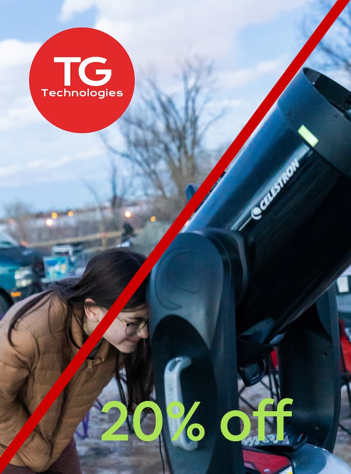 Split image with TG Technologies logo and 20% off text overlay on an image of a person looking through a telescope