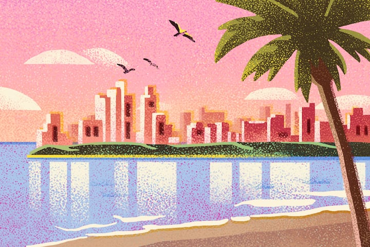 Illustration of the beach with buildings in the background