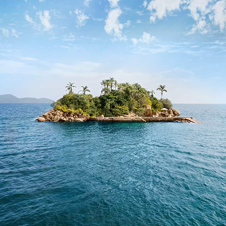A small tropical island in the middle of the ocean with palm trees and lush greenery under a blue sky.