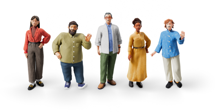 Five diverse animated characters standing in a row, each dressed in different colorful outfits, waving and smiling.
