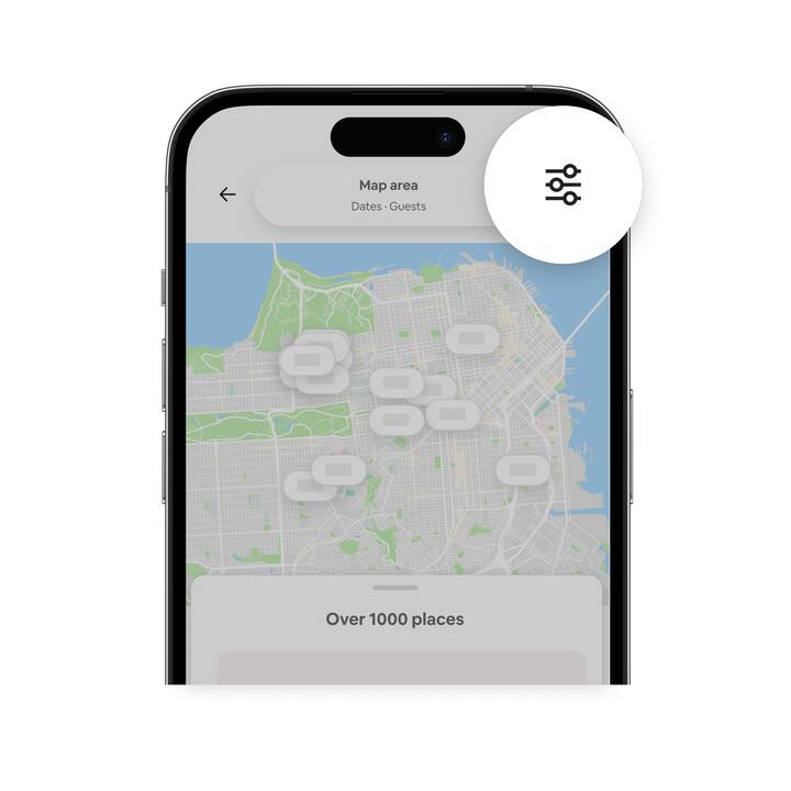 Phone with a grayed-out image of a map and a bright, enlarged image of the filter button in the top right.