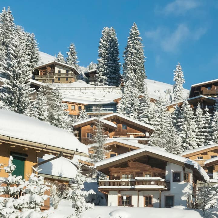 Log cabins and snow