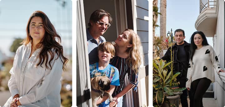 Three images highlighting a host, a family and another host who have helped support and been supported by Airbnb.org's LA wildfire response