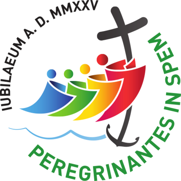 2025 Jubilee logo with colorful figures, a cross, and the text 'Iubilaeum A.D. MMXXV' and 'Peregrinantes in Spem'.