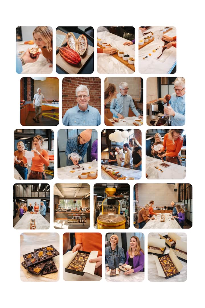 Various scenes of a chocolate-making class, including preparing ingredients, pouring chocolate, and packaging finished products.