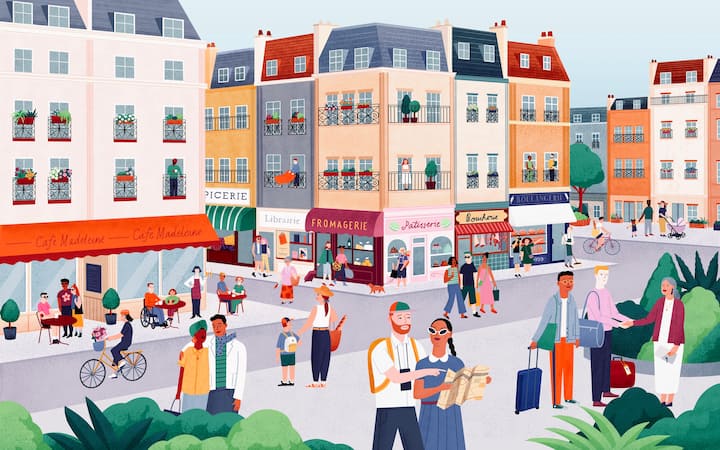Illustration of a city with people interacting