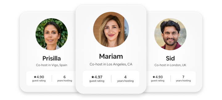 Three examples of co-hosts from the Co-Host Network. Each profile shows their location, average rating, and hosting duration