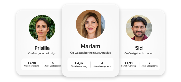 Drei Beispiele für Co‑Gastgeber:innen aus dem Netzwerk für Co‑Gastgeber:innen. Jedes Profil zeigt den Standort, die durchschnittliche Bewertung und wie lange der/die Co‑Gastgeber:in bereits aktiv ist.