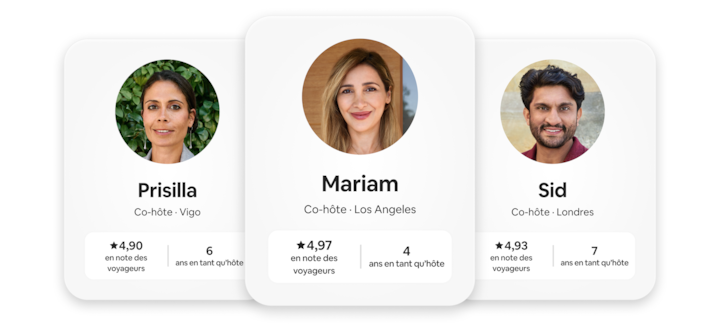 Trois exemples de co-hôtes du Réseau de co-hôtes. Chaque profil indique le lieu où se trouve le co-hôte, son évaluation moyenne et depuis combien de temps il accueille des voyageurs.