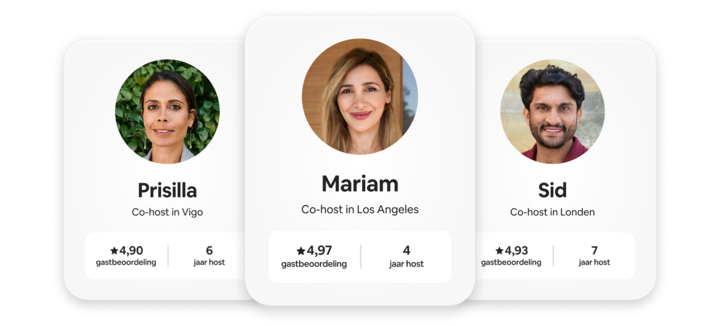 Drie voorbeelden van co-hosts uit het Netwerk van co-hosts. Elk profiel toont hun locatie, gemiddelde beoordeling en hoelang ze al host zijn