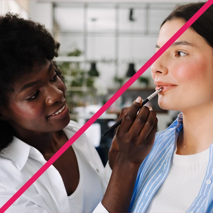 Person applying makeup to another person indoors, emphasizing the importance of a warm and professional profile photo for potential Airbnb guests