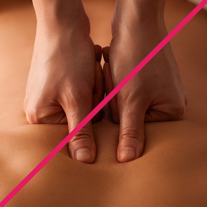 Massage in progress with hands pressing on a back, separated by a pink diagonal line.