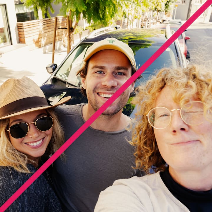 Three individuals taking a selfie near a parked car under a tree; highlights the importance of simple, uncluttered backgrounds.