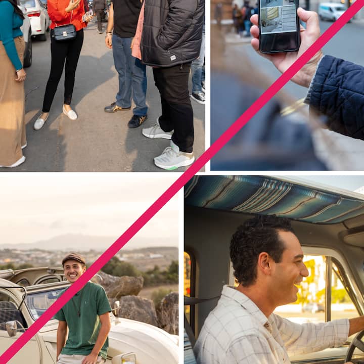 People conversing outdoors, one person holding a phone displaying a booking screen, and two individuals sitting in a car.