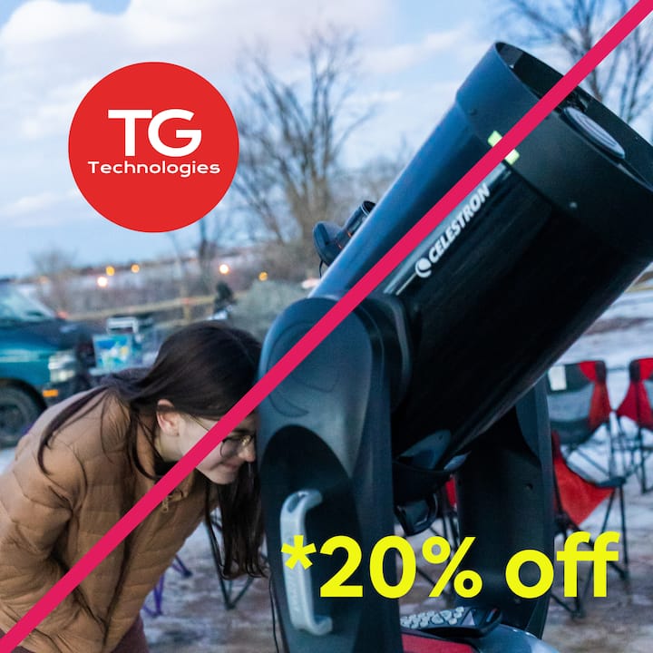 Outdoor scene with person using a telescope, TG Technologies logo, and 20% off promotion.