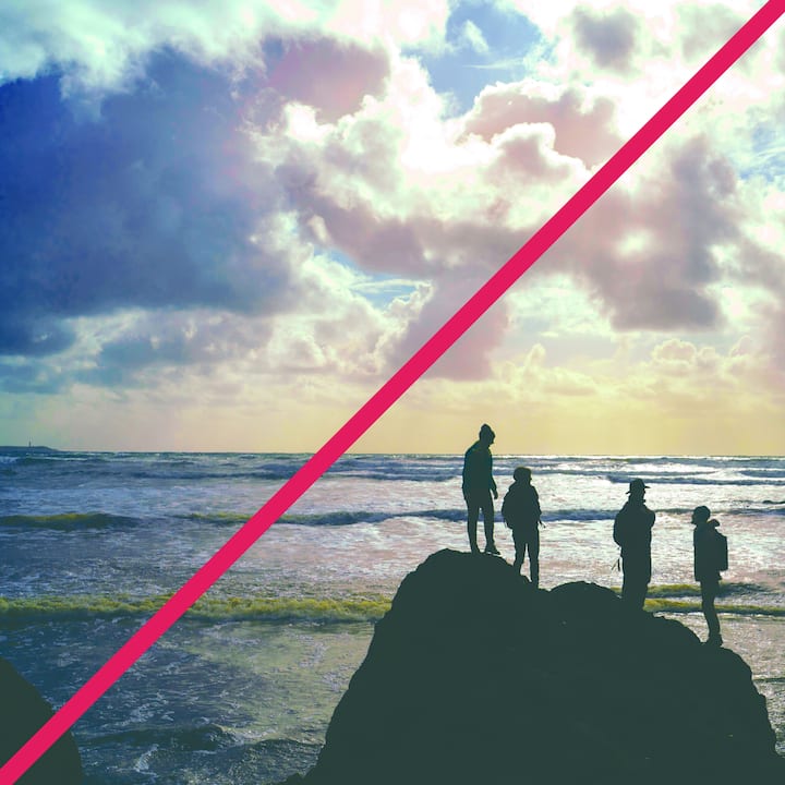 Heavy retouching filter applied to an image of silhouettes of four individuals on a rocky shore, with a vibrant sky and ocean waves at sunset, split by a red line.