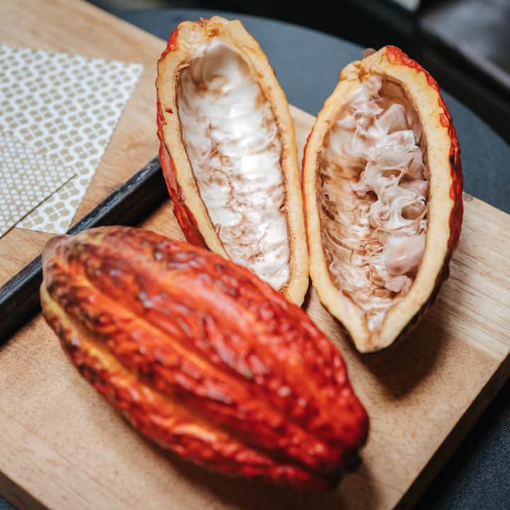 Plan rapproché sur une cabosse de cacao ouverte à côté d'une cabosse entière, illustrant la photographie professionnelle pour votre expérience.