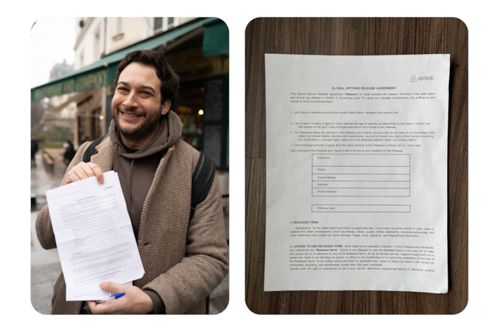 Une personne se trouvant à l'extérieur tient un document imprimé intitulé « Accord général de décharge de droit à l'image » et doté du logo Airbnb.