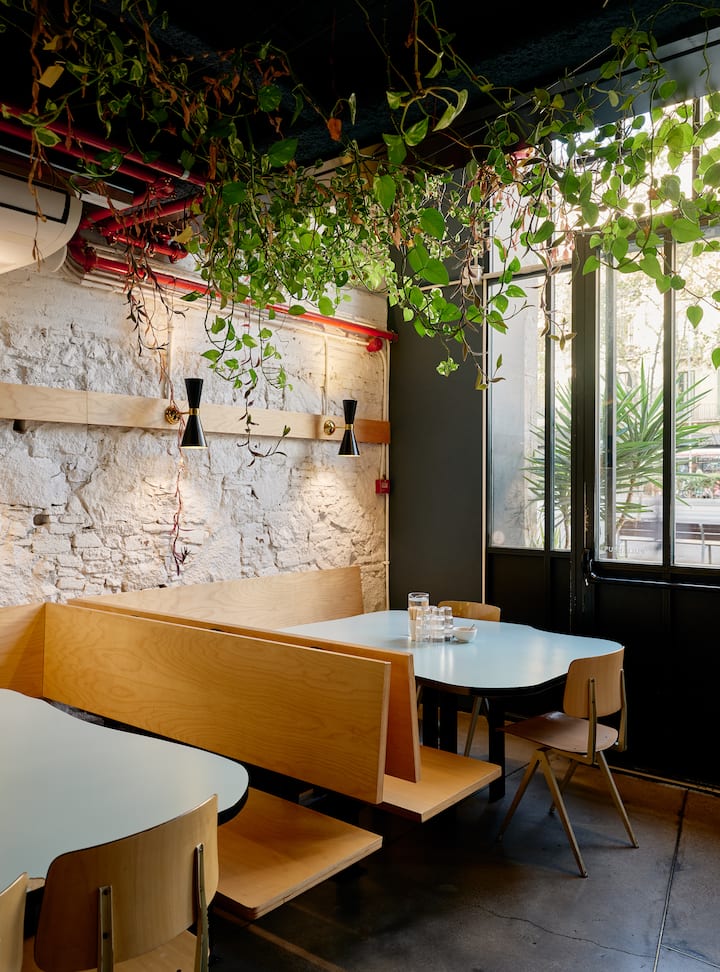 Intérieur d'un restaurant présentant des meubles en bois clair, des murs en pierre blanche et du feuillage vert suspendu au plafond.