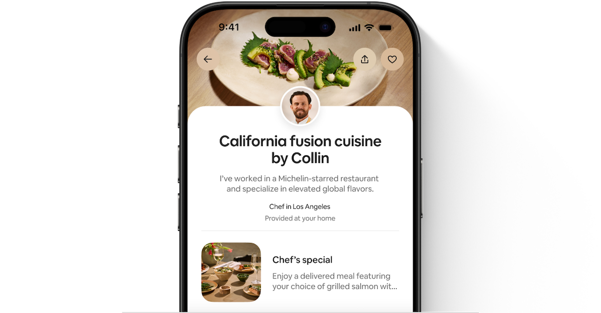 Airbnb app showing the service listing of a private chef and their offerings and qualifications.